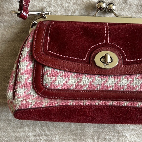 Rare Coach Vintage Wool Houndstooth Pink Burgundy Gallery Frame Satchel Bag - Picture 4 of 10